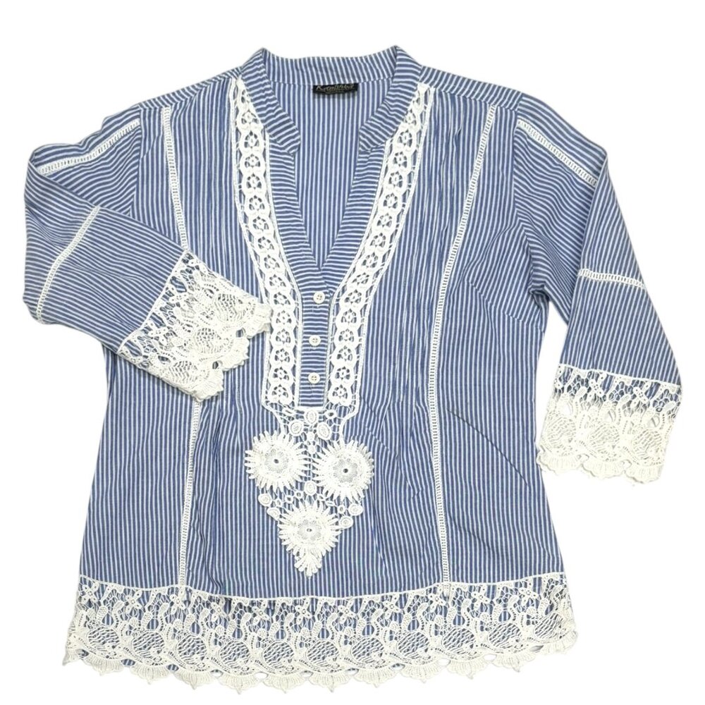 Kanishka Blue and White Striped Cotton Lace Accent‎ Tunic